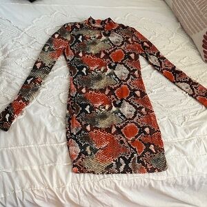 Snake Print Long Sleeve Bodycon Dress - Red Multi